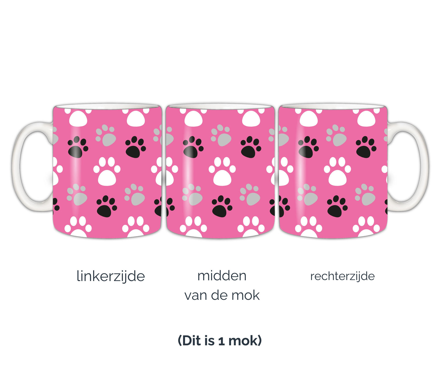 Honden mok met roze en gekleurde hondenpootjes bedrukt