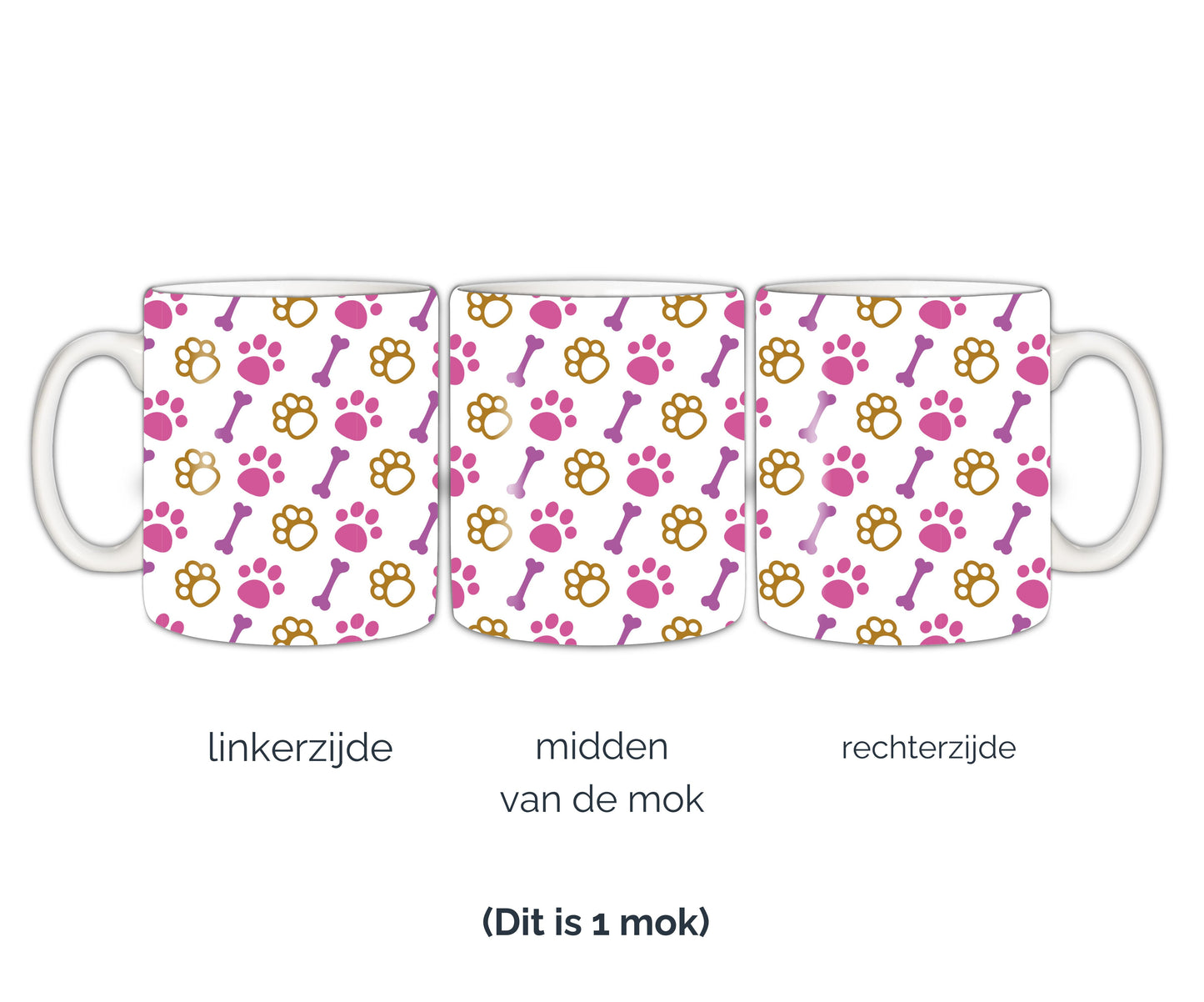 Honden mok hondenpootjes en botjes roze bruin paars