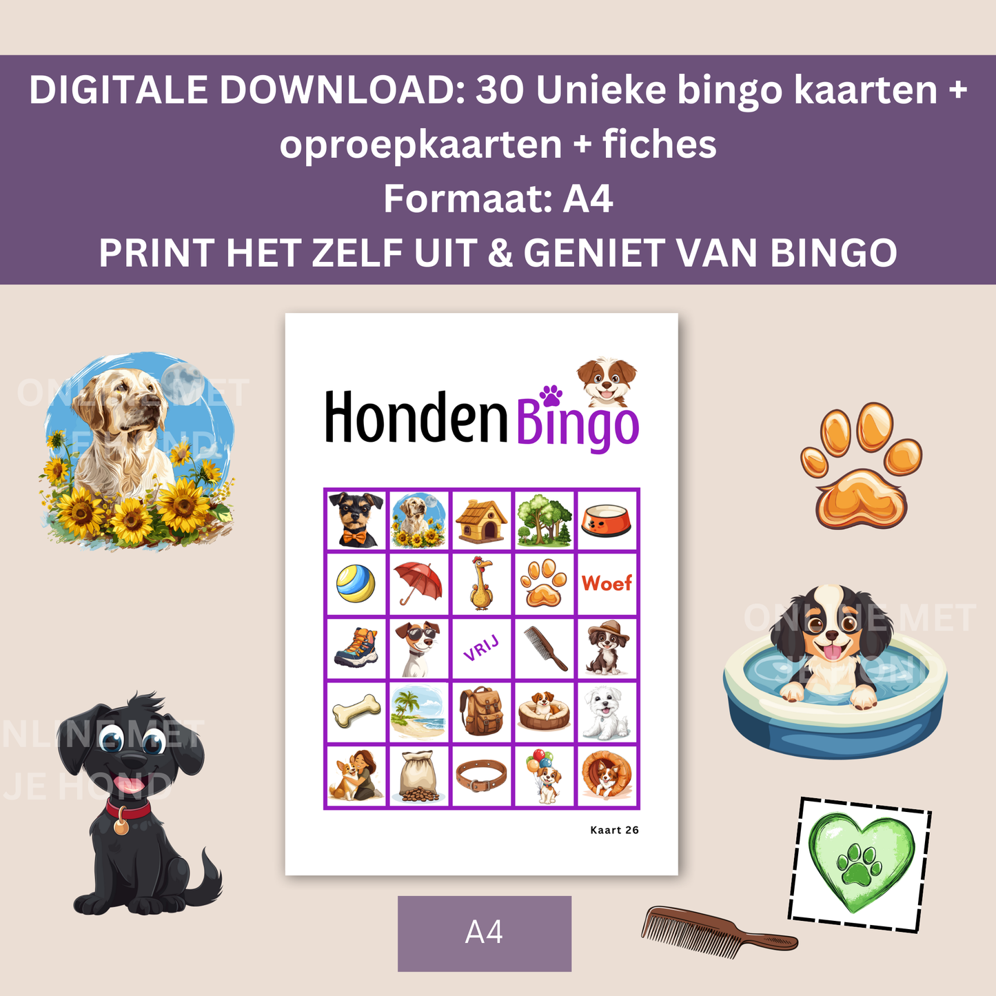 Honden bingo online bingo spel in de kleur paars