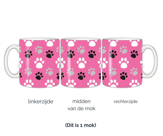 Honden mok met roze en gekleurde hondenpootjes bedrukt