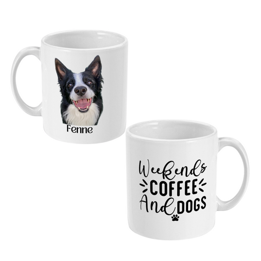 Hond mok met foto van je hond en quote honden: weekends coffee and dogs