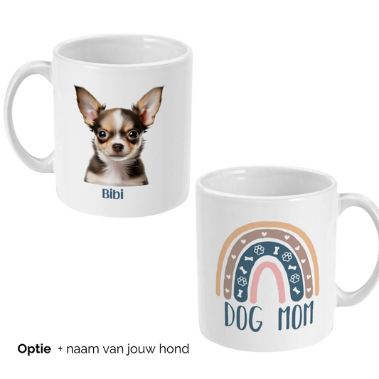 Honden mok met foto van hond en tekst regenboog dog mom blauw