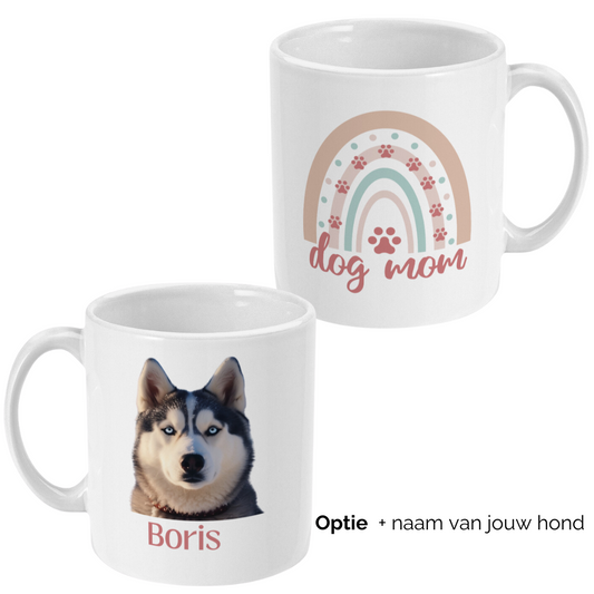 Mok met foto van hond en hondennaam regenboog dog mom