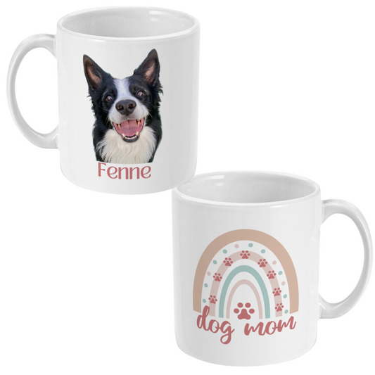 Mok met foto van hond en hondennaam regenboog dog mom