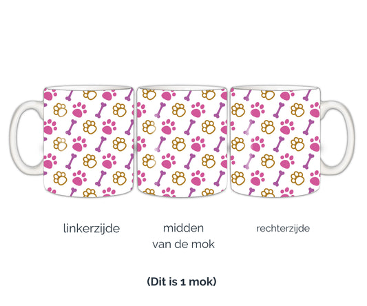 Honden mok hondenpootjes en botjes roze bruin paars