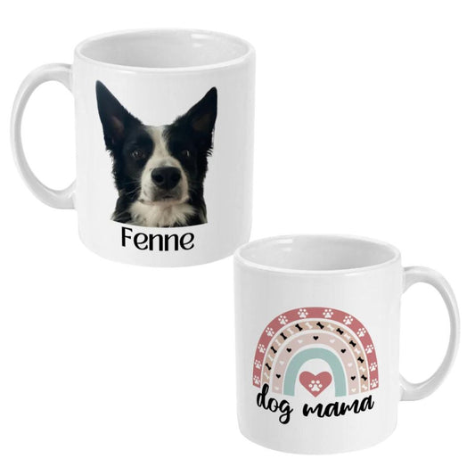 Hond mok met foto van hond gepersonaliseerd met naam en regenboog dog mama