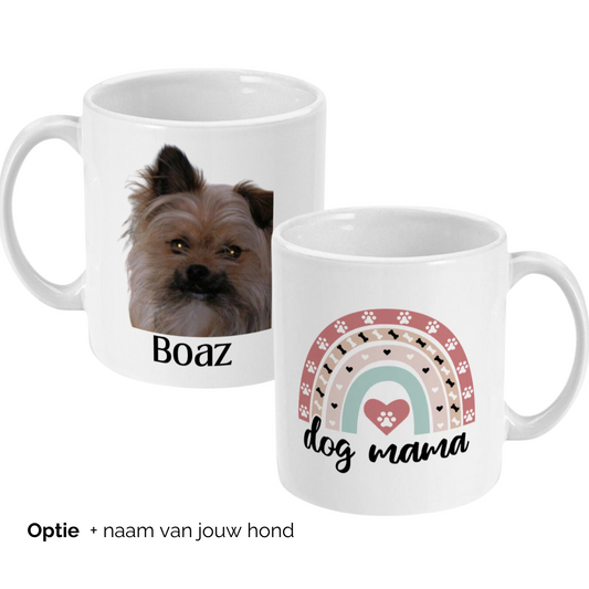 Hond mok met foto van hond gepersonaliseerd met naam en regenboog dog mama